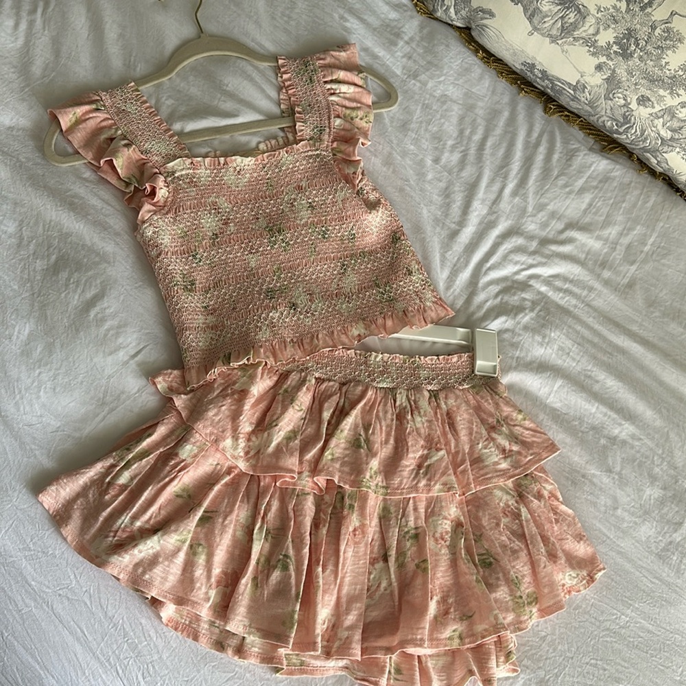 LoveShackFancy Dallen Top and Ruffle Mini Skirt in Ballet Pink